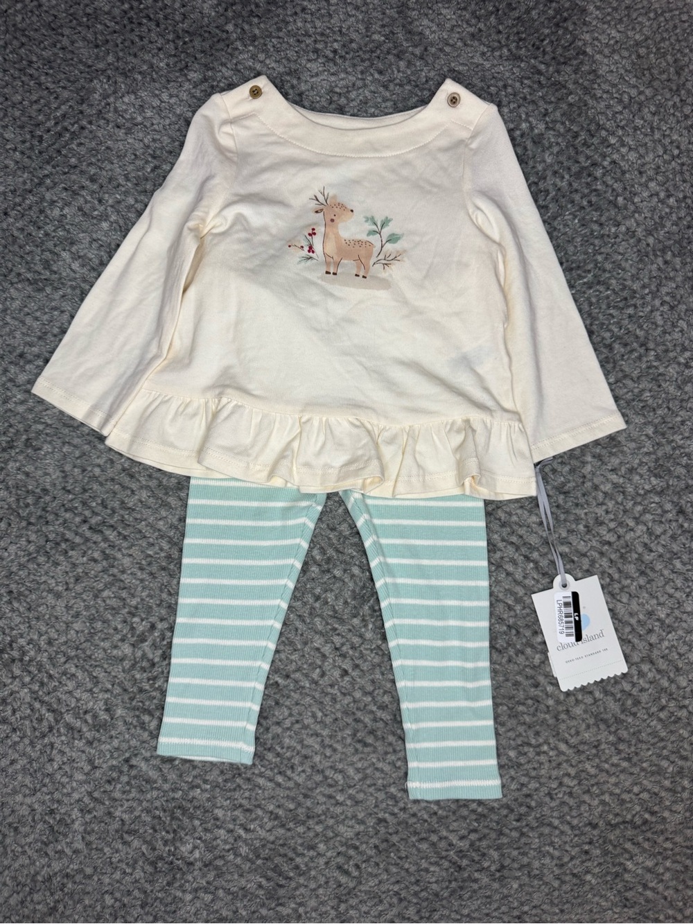 Cloud Island Baby Girls 2pc Deer Top & Striped Bottoms - Off White 12 Months NWT
